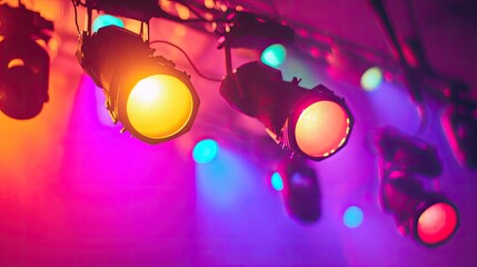 Poster - Overhead view of stage lights in various colors illuminating the background, with room for text or logos in the clear space.