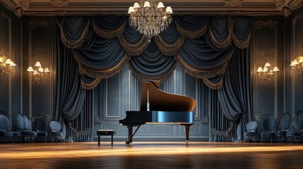 Poster - Flatlay of an elegant classical concert stage with polished wood floors, draped curtains, and ample room for copy or logo.
