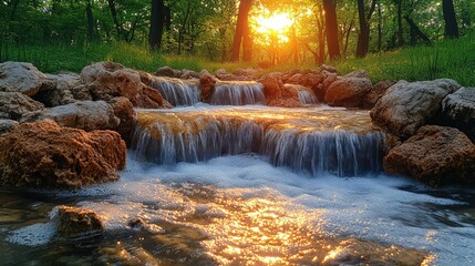 Wall Mural - Sunset Waterfall Forest Stream Nature Serenity