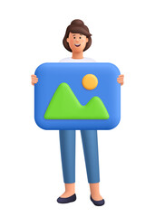 Poster - young smiling woman jane holding big image or jpg gallery file. social media, content concept. 3d ve