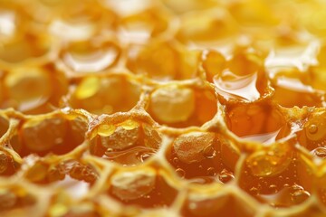 Poster - macro photography of fresh honey dripping from golden honeycomb, showcasing the natural beauty and s