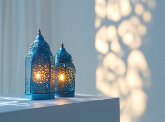 Arabic lantern of Ramadan celebration background with blue color and bokeh lights decoration with two glowing 