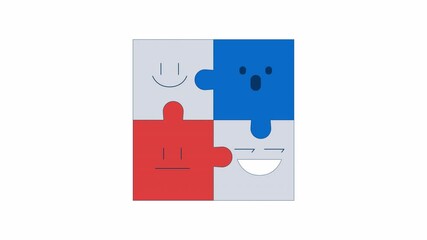 Poster - Effective team dynamic 2D animation. Cooperation coworkers puzzles jigsaw 4K video motion graphic. Fitting employees personalities animated composition cartoon flat concept, white background