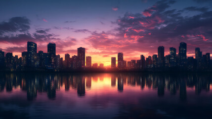 Wall Mural - Vibrant cityscape at sunset, glowing skyline and river reflections, urban skyline at dusk, colorful city lights theme.