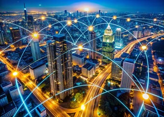 Poster - Aerial View of City Financial District at Night, Bokeh Lights, Dynamic Cash Flow Concept