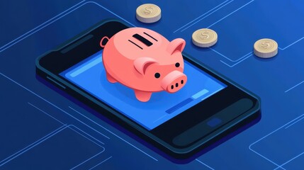 Poster - A piggy bank on a smartphone screen, surrounded by coins, demonstrating mobile financial apps and savings management.