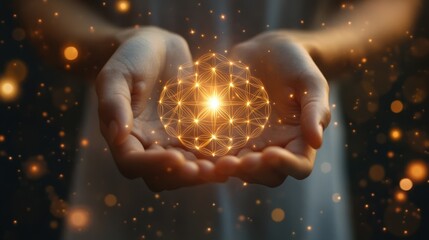 Poster - hands holding a glowing golden cloud of light and energy particles