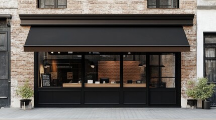 Poster - Modern Urban Storefront with Black Awning and Brick Wall Design
