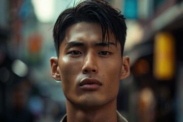 Wall Mural - Headshot of a serious young asian man with modern hairstyle in an urban environment