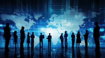 Poster - Silhouetted professionals in front of digital global skyline backdrop