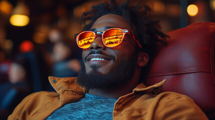 Cinematic Close-Up of a Smiling Black Man in Sunglasses at the Cinema