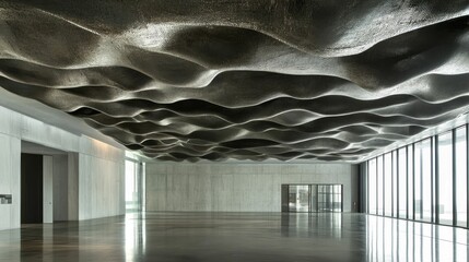 Wall Mural - Wavy metallic ceiling over concrete room with large windows.