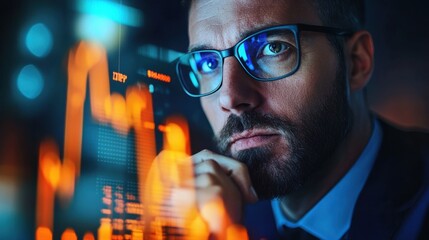Poster - Thoughtful Businessman Analyzing Data on Digital Screen at Night