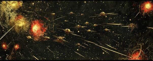 Wall Mural - a celestial battle raging among the stars, with fleets of spaceships locked in a deadly dance.