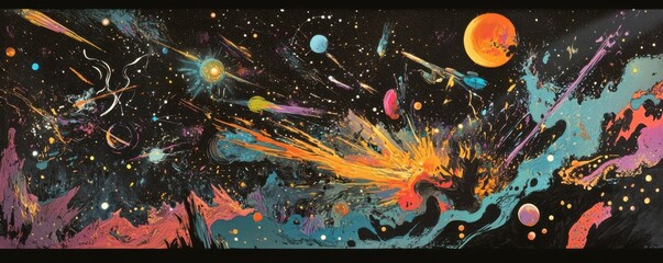 Wall Mural - a celestial battle raging among the stars, with fleets of spaceships locked in a deadly dance.