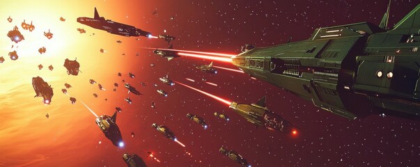 Wall Mural - a celestial battle raging among the stars, with fleets of spaceships locked in a deadly dance.