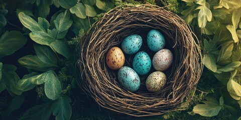 Nest of colorful speckled Easter eggs resting in a natural twig nest surrounded by vibrant green foliage captured from a top-down perspective.