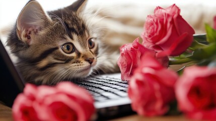 Poster - Owner typing on a laptop to fill out an online pet insurance form, with their pet seated next to them, emphasizing love and responsibility