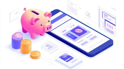 Poster - Smartphone displaying financial tools with a piggy bank and coins beside it, showing the ease of managing finances digitally.