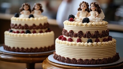 Wall Mural - Two-tiered cakes decorated with dolls, berries, bakery background