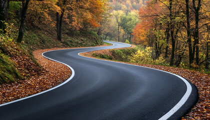 Wall Mural - Beautiful view of asphalt road going through autumn forest top view