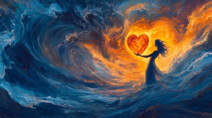 Wall Mural - Abstract fire heart, woman holding heart, swirling blue waves, fiery heart, ethereal figure, ocean and fire contrast