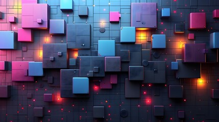Poster - Abstract Digital Cubescape: Neon Lights and Geometric Forms