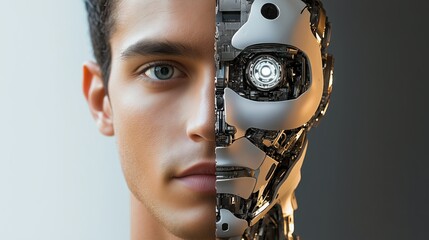 Poster - Man merging with artificial intelligence robot face showing transhumanism concept
