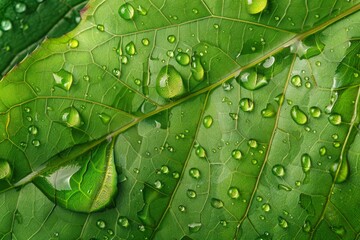 Poster - Sparkling water droplets rest on a vibrant green leaf, creating a captivating macro close up