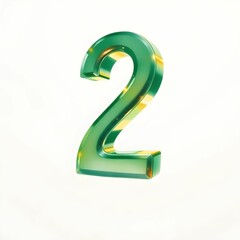 3d green number 2 glass material. number isolated text. on white background. 3d render green color.