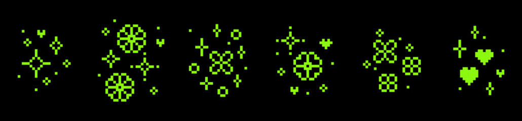 Poster - Y2k star sparkle green icons. Glitter pixel art. Star. Heart. Flower. Mood of 90s aesthetics. 8 bit retro style editable vector illustration. Simple geometric pattern set. Game abstract elements
