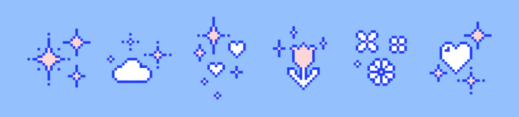 Poster - Pixel art set of star, heart, flower, cloud. Y2k cute spring icons. Mood of 90s aesthetics. 8 bit retro style editable vector illustration. Simple geometric shape for pattern. Game abstract elements