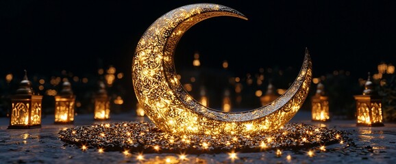 Poster - Illuminated crescent moon with lanterns.