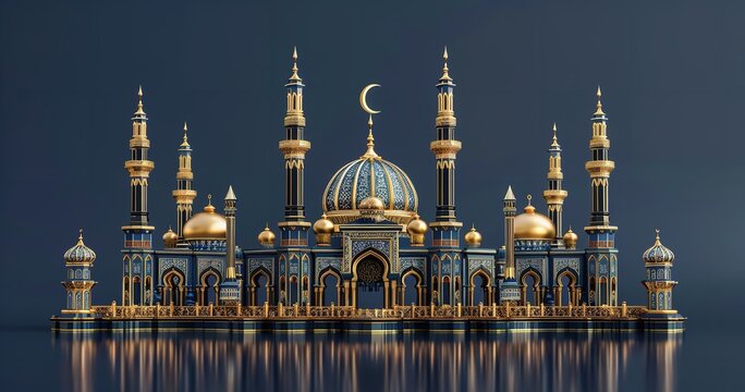 An exquisite Islamic mosque in three dimensions with a crescent moon and a border of golden ornamentation set against a navy blue backdrop, Generative AI.