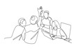© Vectorillustrator - simple continuous line draw of business team celebrating success. Business team work minimalist concept.