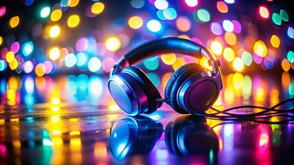 Poster - Bokeh Lights Music Background with Headphones - Abstract Audiophile Stock Photo