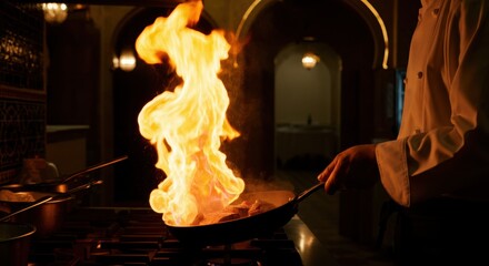 Chef flambé cooking in dimly lit restaurant kitchen