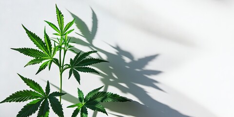 Sticker - Cannabis plant with lush green leaves positioned left casting a distinct shadow on a soft white background highlighting natural shapes.