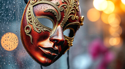 Wall Mural - gold Venetian mask with over bokeh background