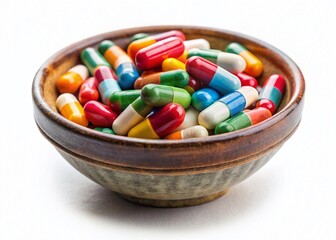 Wall Mural - Ceramic Bowl of Pills - Isolated Candid Photo for Medical, Healthcare, and Pharmaceutical Stock Images