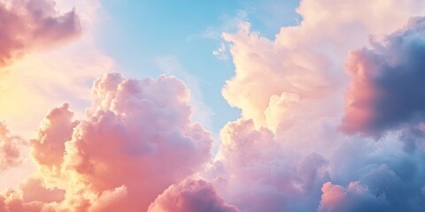 Canvas Print - Dramatic sunset cloudscape with soft pink and blue cumulus clouds illuminated by warm sunlight against a clear sky creating a serene atmosphere