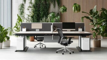 Poster - Modern office with desks, chairs, and potted plants.