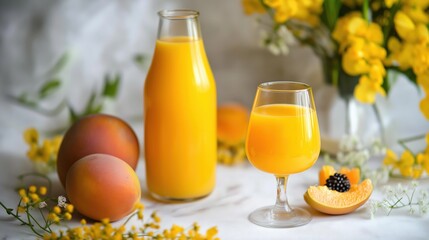 Wall Mural - Orange juice and peach fruits on white background with yellow flowers