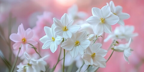 Sticker - Delicate white and pink flowers in soft focus with blurred pink background, white petals in foreground, creating a serene garden atmosphere.