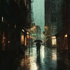 Canvas Print - Solitary Stroll in the Rainy City at Night