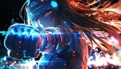 Wall Mural - Anime Girl Futuristic Gear Powerful Punching