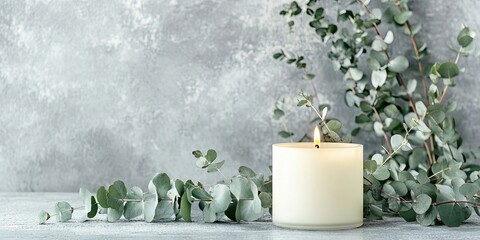 Wall Mural - Eucalyptus leaves in soft green surrounding a lit white candle on a textured gray backdrop creating ample space for text and design elements