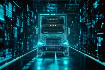 Glowing wireframe truck in dark tech environment.