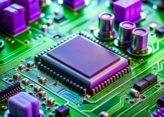 Poster - Close-up of Electronic Components on Green PCB: Electrolytic Capacitors, White Connector, Purple Cables