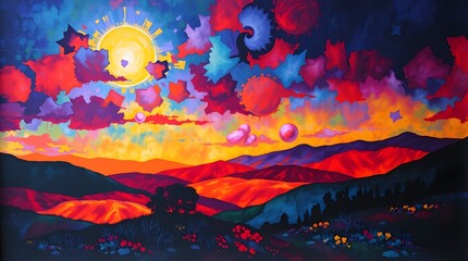 Wall Mural - a vibrant, surreal landscape features a striking yellow sun amid swirling clouds and a colorful sky.